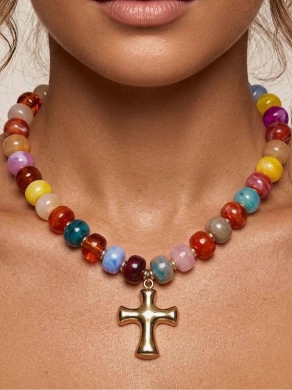 Gold Cross Pendant Necklace with Colorful milky Resin Beads